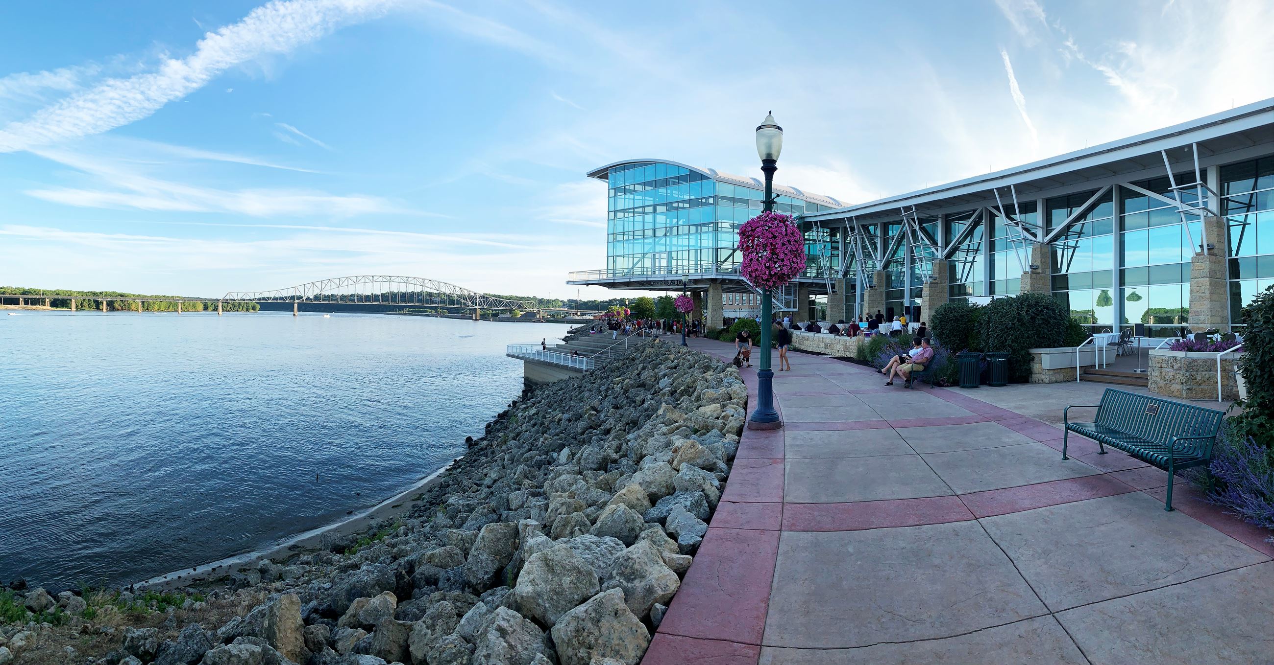 Dubuque’s Mississippi Riverwalk with the Grand River Center and Julien Dubuque Bridge