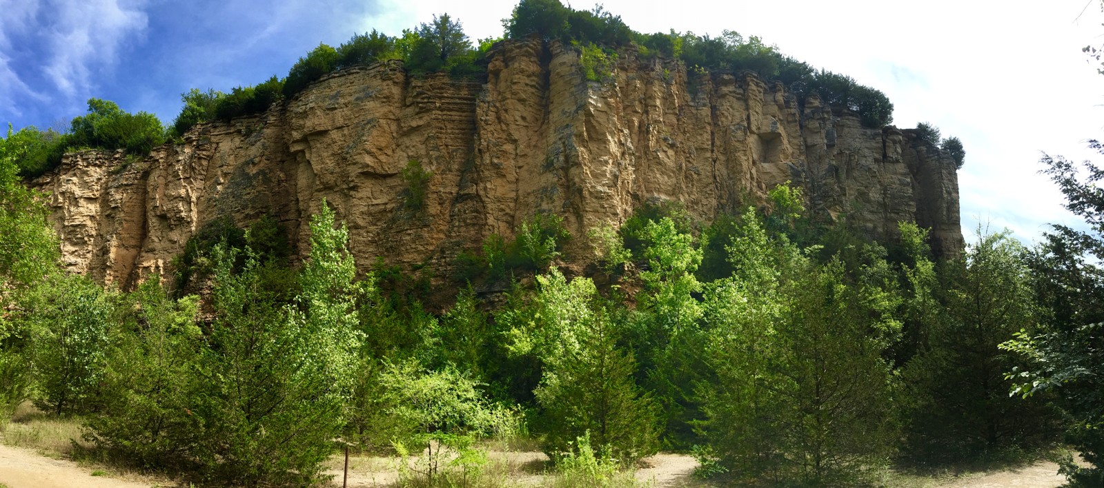 The exposed limestone cliffs of Horseshoe Bluff above green trees and a walking path at Mines of Spain in Dubuque